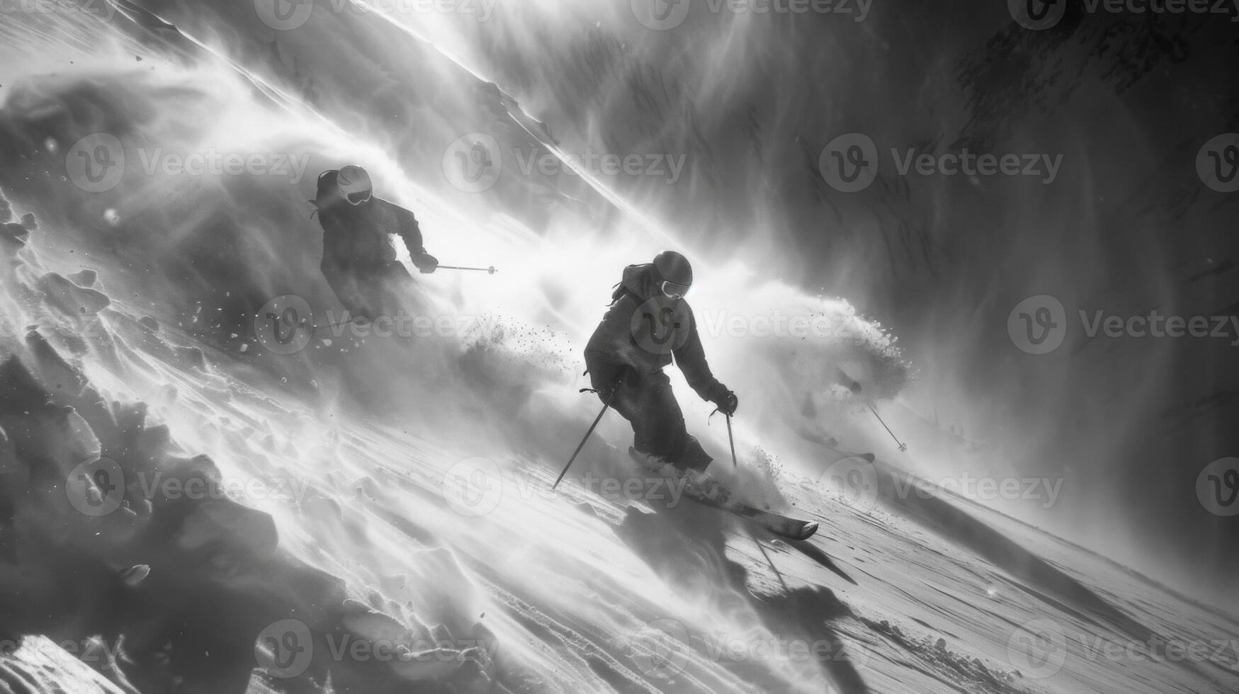 Two skiers carve their way down a snow covered slope, creating clouds of powder as the sun shines brightly in the clear blue sky, showcasing the thrill of winter sports. photo