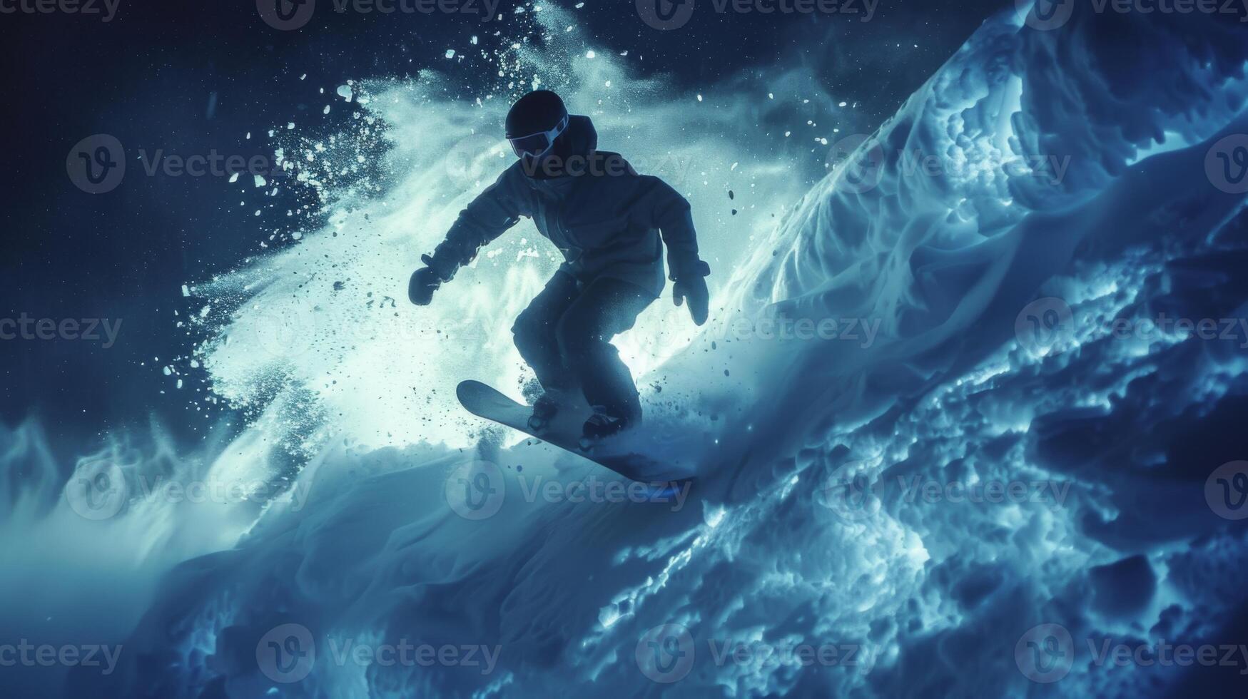 A snowboarder skillfully navigates a snowy slope at night, creating a burst of powder snow illuminated by moonlight. The athlete demonstrates agility and control in a stunning winter landscape. photo