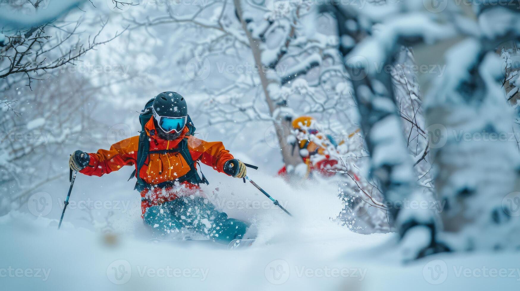 Brightly dressed skiers navigate thick powder snow on a mountain trail, surrounded by snow covered trees under a clear blue sky. photo
