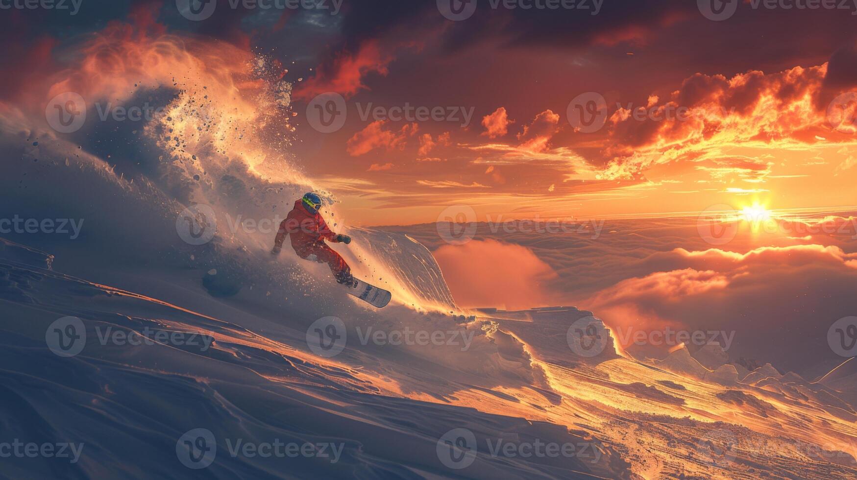 A snowboarder carves through fresh powder on a stunning mountain slope while the sun sets in the background, casting vibrant hues across the sky and clouds. photo