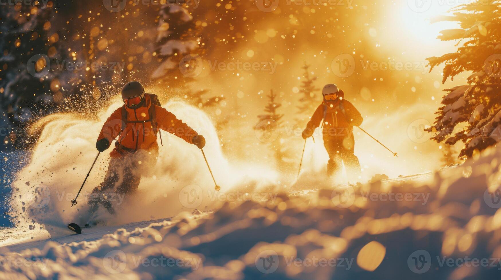 Two skiers descend a snowy slope, kicking up powder snow against a glowing sunset backdrop. Tall trees frame the vibrant sky, creating a serene atmosphere. photo