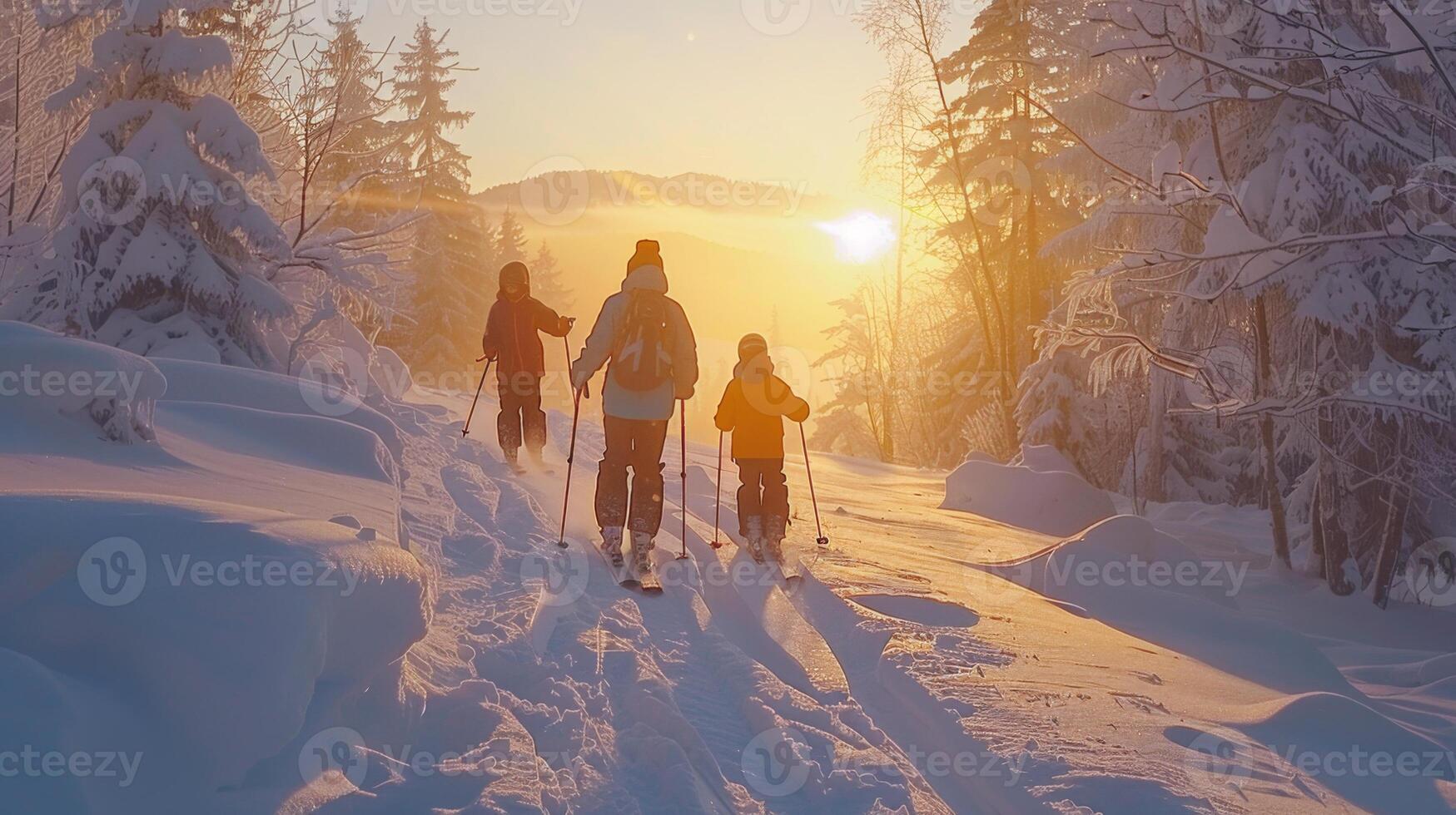 A family of four walks along a snowy trail surrounded by tall trees, basking in the warm glow of the rising sun against the beautiful mountain backdrop. photo