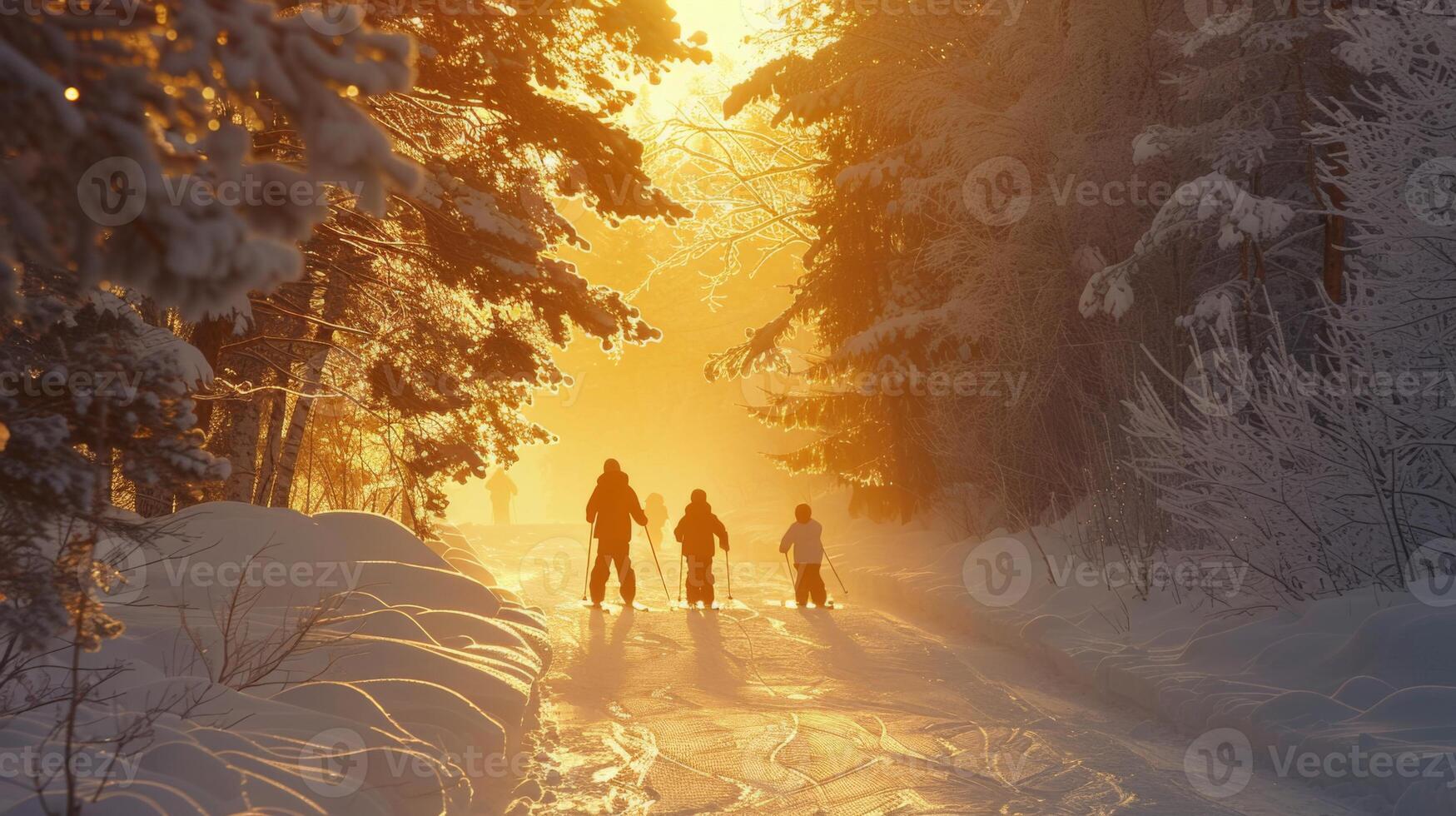 A family walks together along a snow covered path in a serene forest as the sun sets, casting a warm golden glow through the trees and creating a magical winter atmosphere. photo