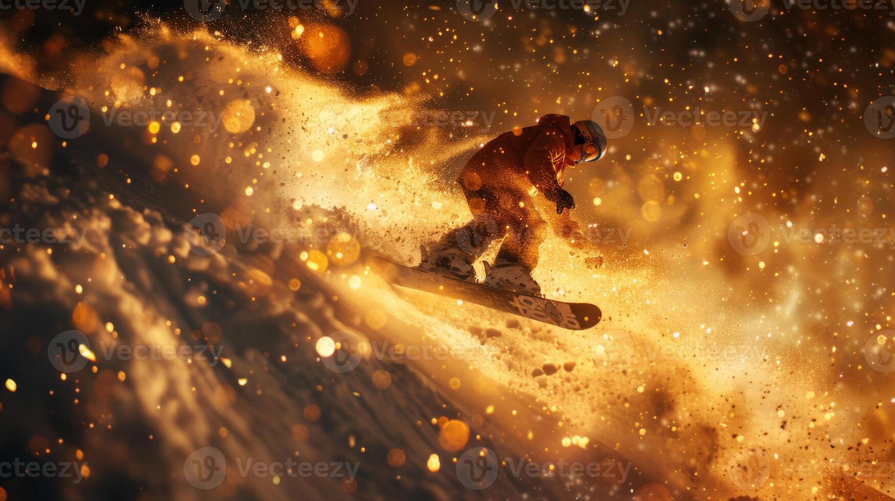 Snowboarder gracefully carves through fresh powder as golden sunlight highlights a flurry of sparkling snowflakes in a majestic mountain setting during the late afternoon. photo