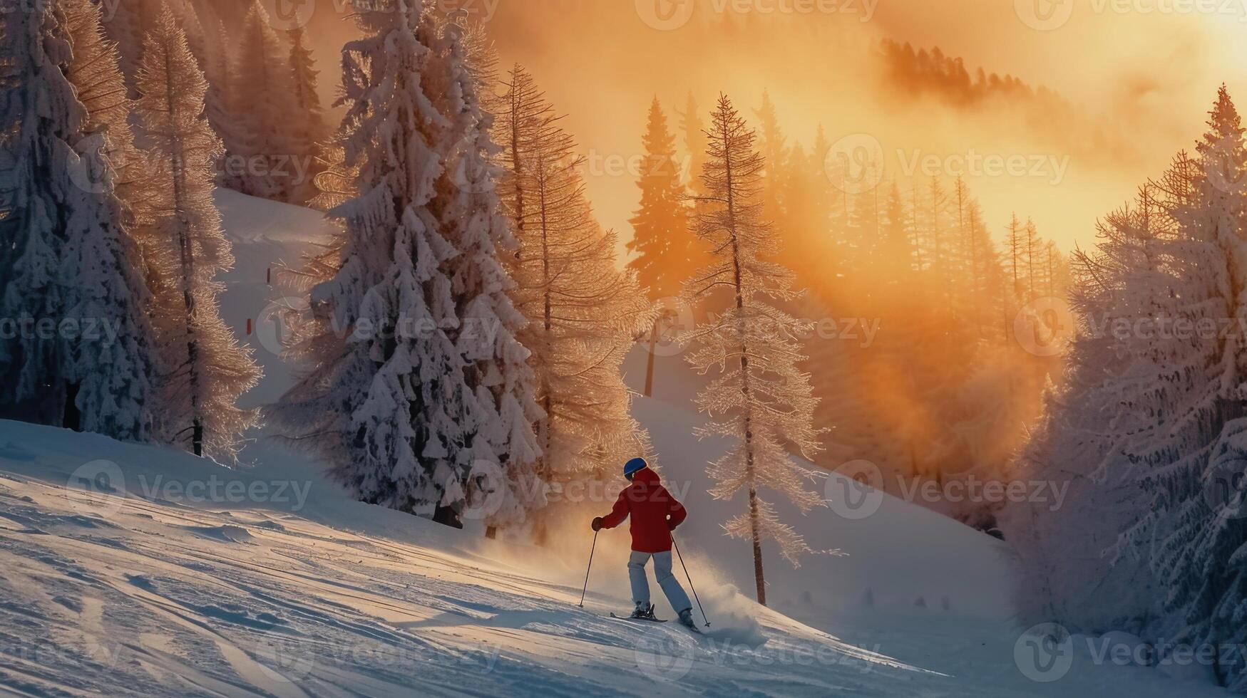 A skier glides down a snowy slope surrounded by frost covered trees, illuminated by a stunning sunset creating a warm orange glow in the sky. photo