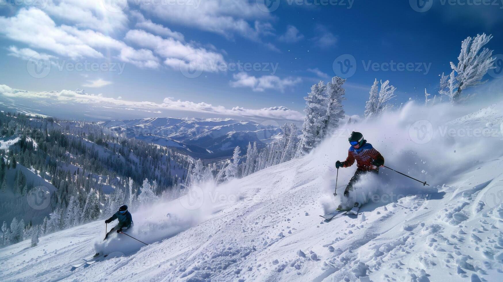 Two skiers carve through deep, fresh snow on a beautiful mountainside. The bright blue sky and cloud formations add to the picturesque winter scenery. photo