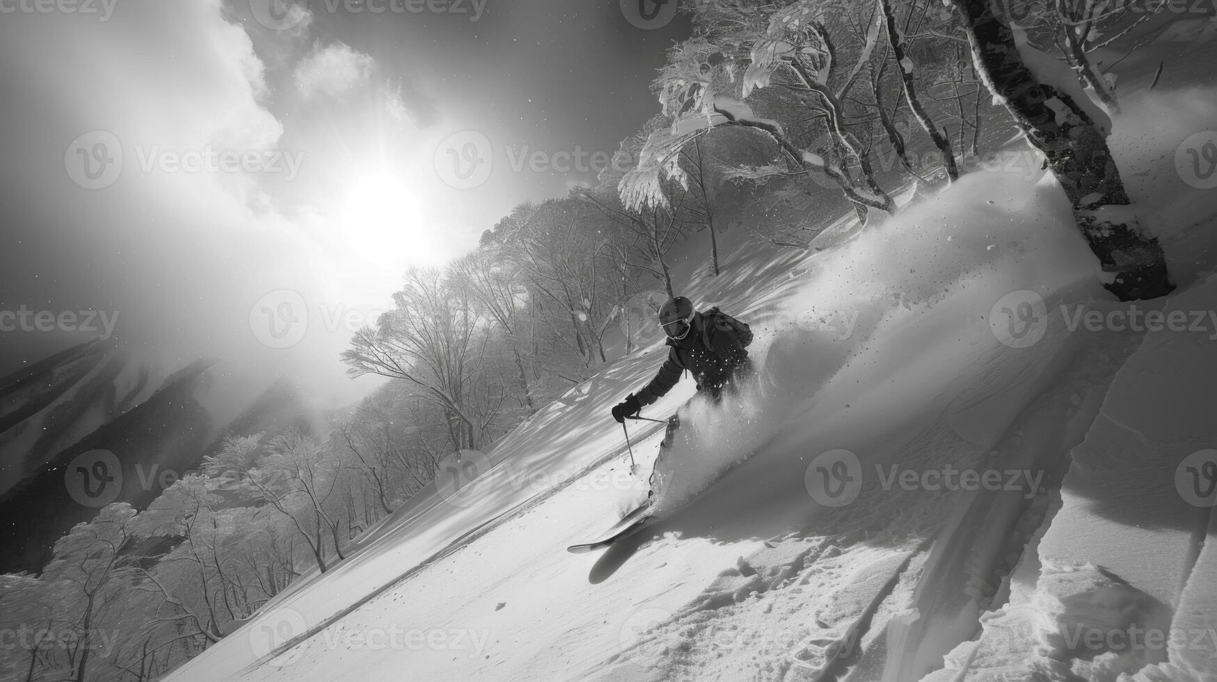 A skier glides through fresh snow on a mountain slope, surrounded by bare trees. The sun shines brightly, creating a stark contrast in the snowy environment. photo