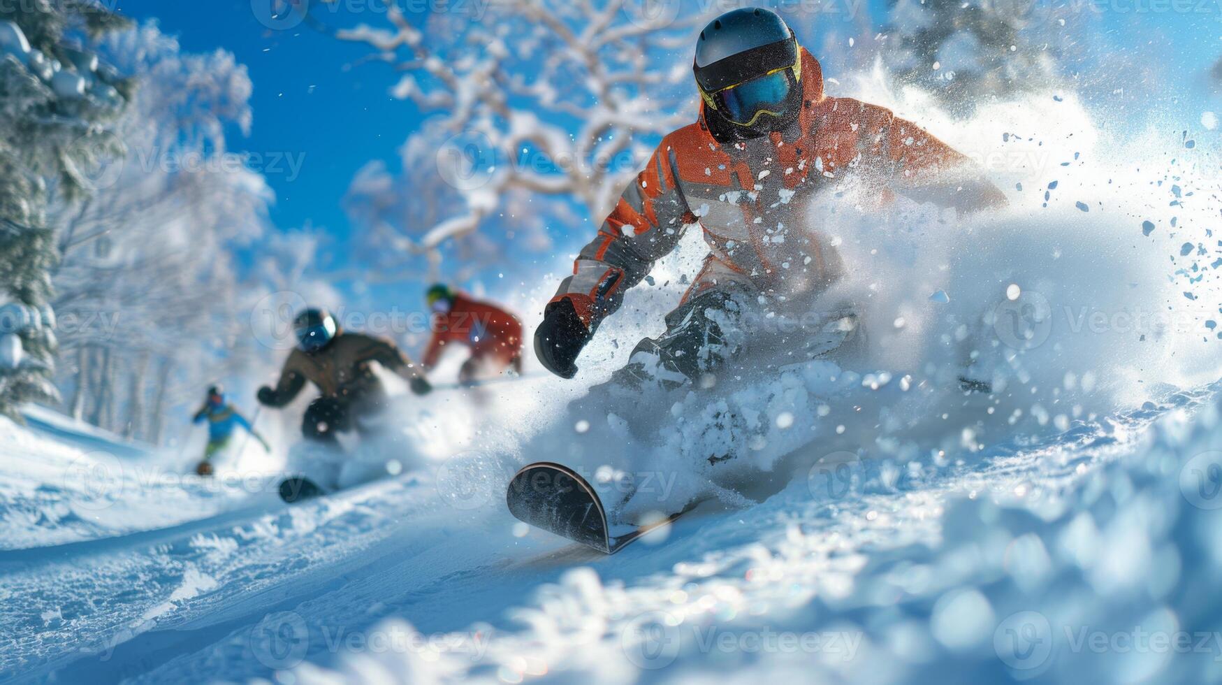 Multiple snowboarders showcase their skills on pristine snow, surrounded by majestic trees and vibrant blue sky. The exhilaration and energy of winter sports is evident. photo