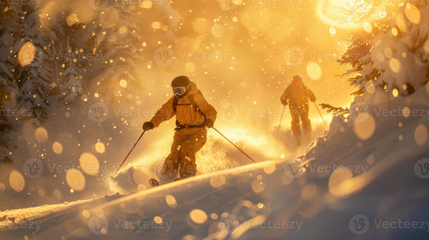 Two skiers navigate through a snow laden forest, surrounded by glowing sunlight filtering through trees, creating a warm ambiance during a chilly winter evening. photo