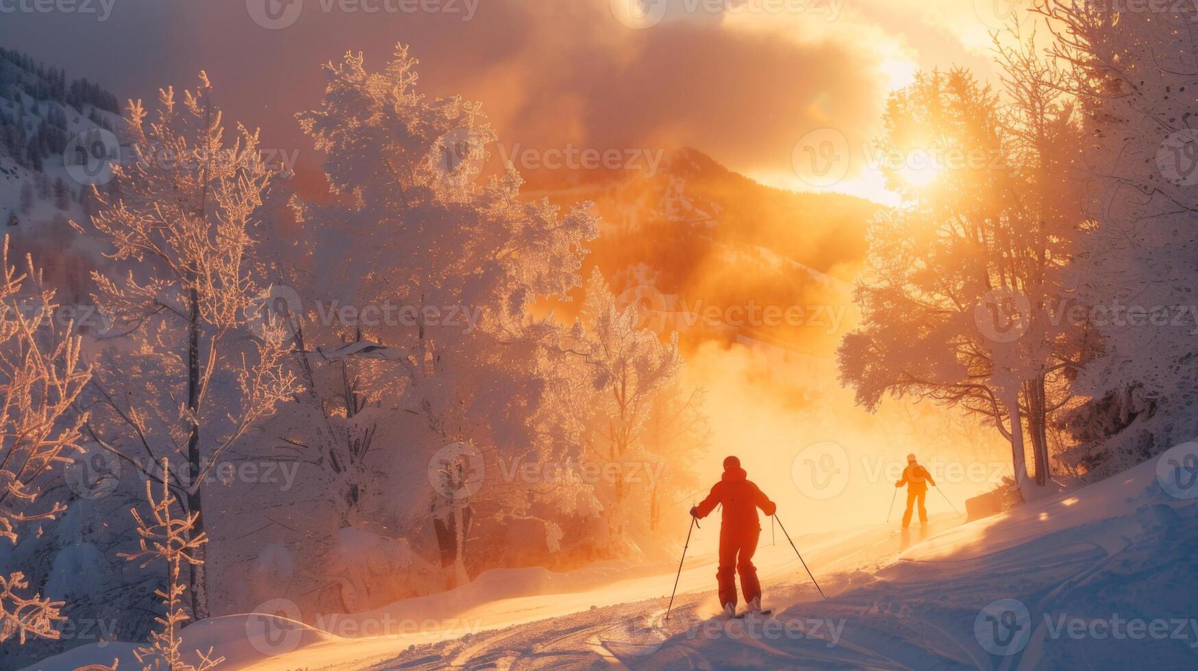 Two skiers glide through pristine snow under a vibrant sunrise, surrounded by towering trees and majestic mountains in a serene winter landscape. photo