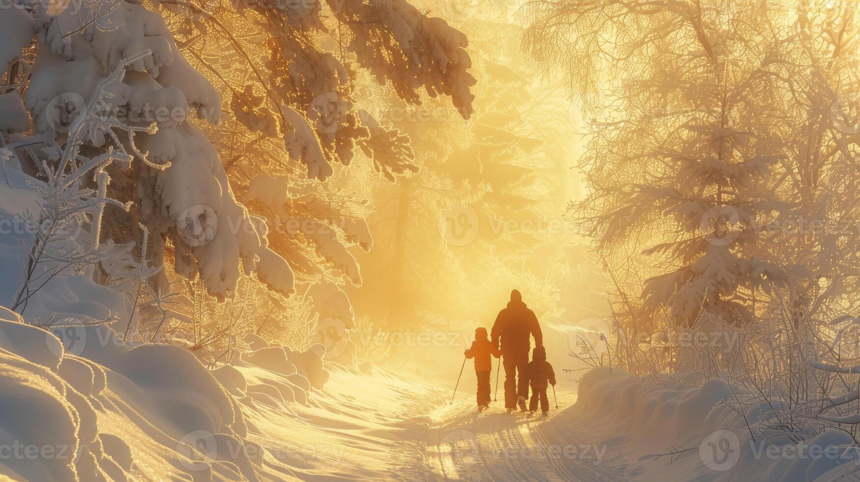 A family of three walks along a snowy trail illuminated by golden sunlight filtering through the trees, creating a warm atmosphere despite the cold winter day. photo