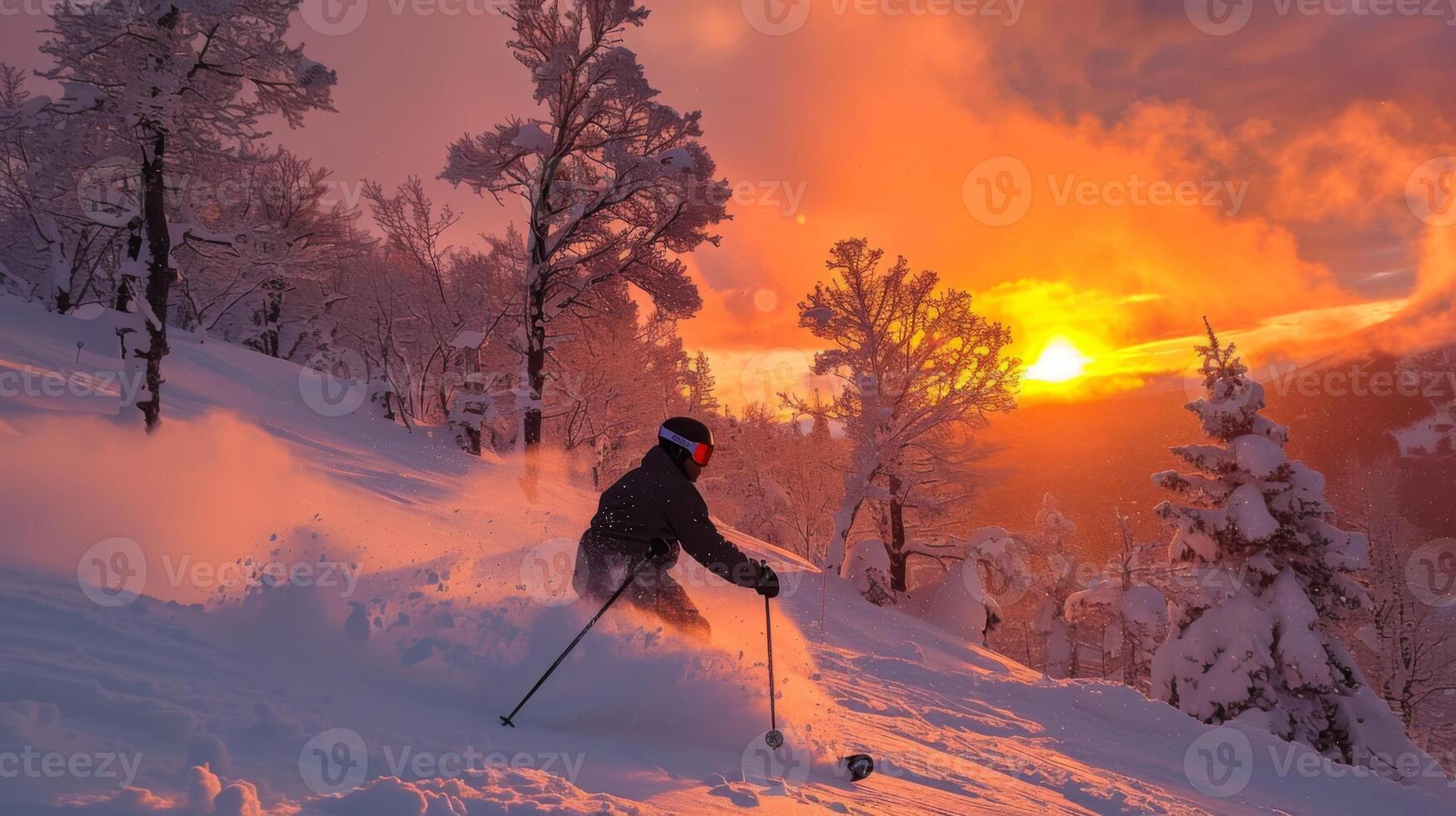 A skier gracefully navigates through fresh snow while the sun sets behind the mountains, casting warm hues across the winter landscape. Trees lined with snow enhance the serene atmosphere. photo