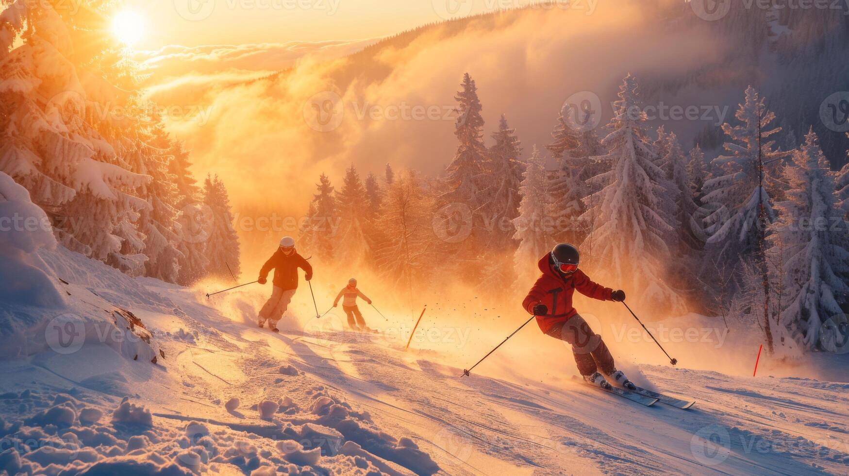 Skier glides down a snowy slope surrounded by tall trees as the sun sets, casting a warm golden hue over the winter landscape while others enjoy the slopes nearby. photo