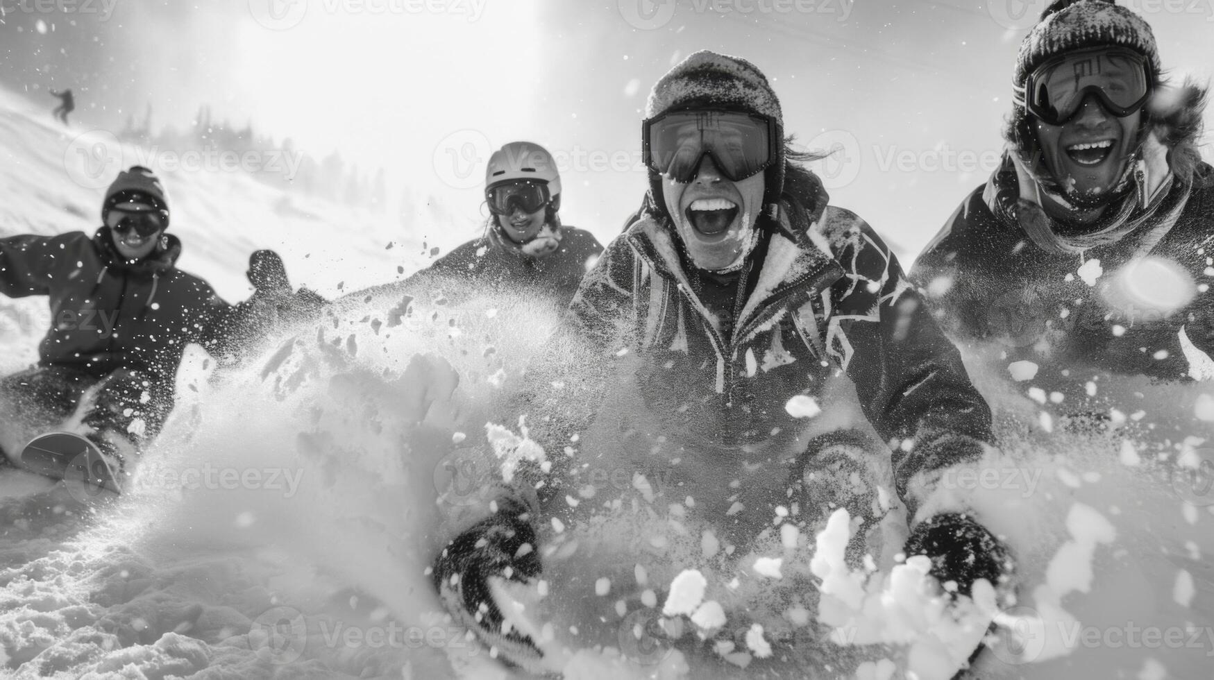 Four friends laugh and cheer as they sled down a snowy slope, surrounded by sparkling snow and bright sunlight on a winter day, showcasing pure joy and camaraderie. photo