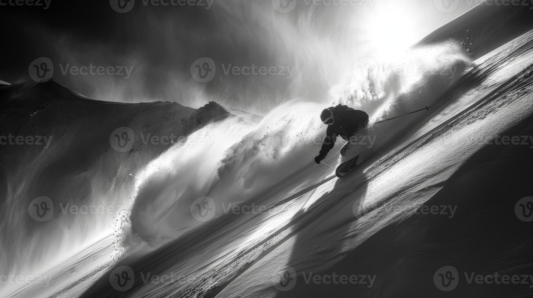 A skilled skier navigates powdery snow and creates a spray of white while descending a slope in the mountains. The bright sunlight enhances the winter atmosphere. photo