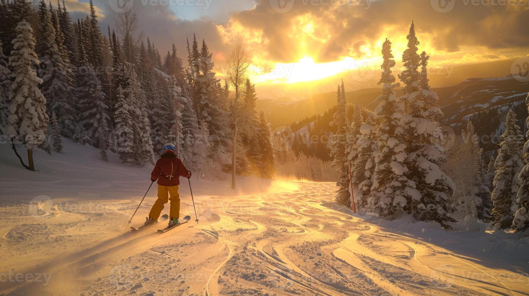 A skier glides down a slope surrounded by tall pine trees, with a sunset illuminating the sky in vibrant golden hues, creating a serene winter atmosphere. photo