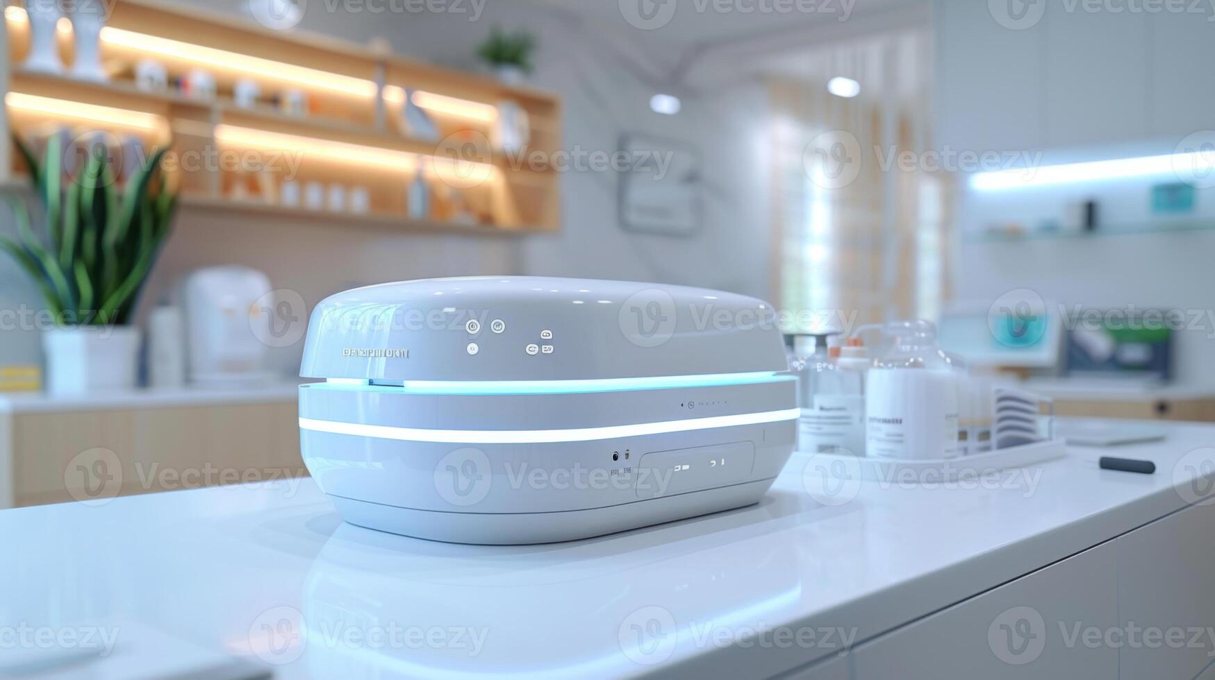 A sleek sterilization unit sits on a clean countertop in a modern dental clinic, surrounded by neatly arranged instruments and bright lighting that enhances the sterile environment. photo