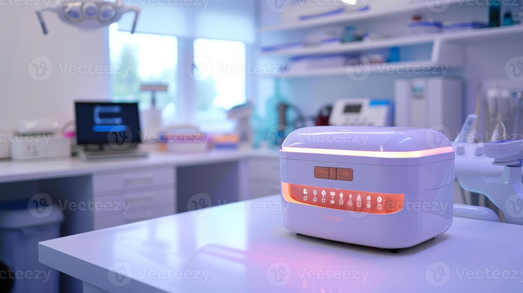 Advanced sterilization unit displayed on a countertop in a modern dental clinic, showcasing a clean and organized workspace with bright lighting. photo