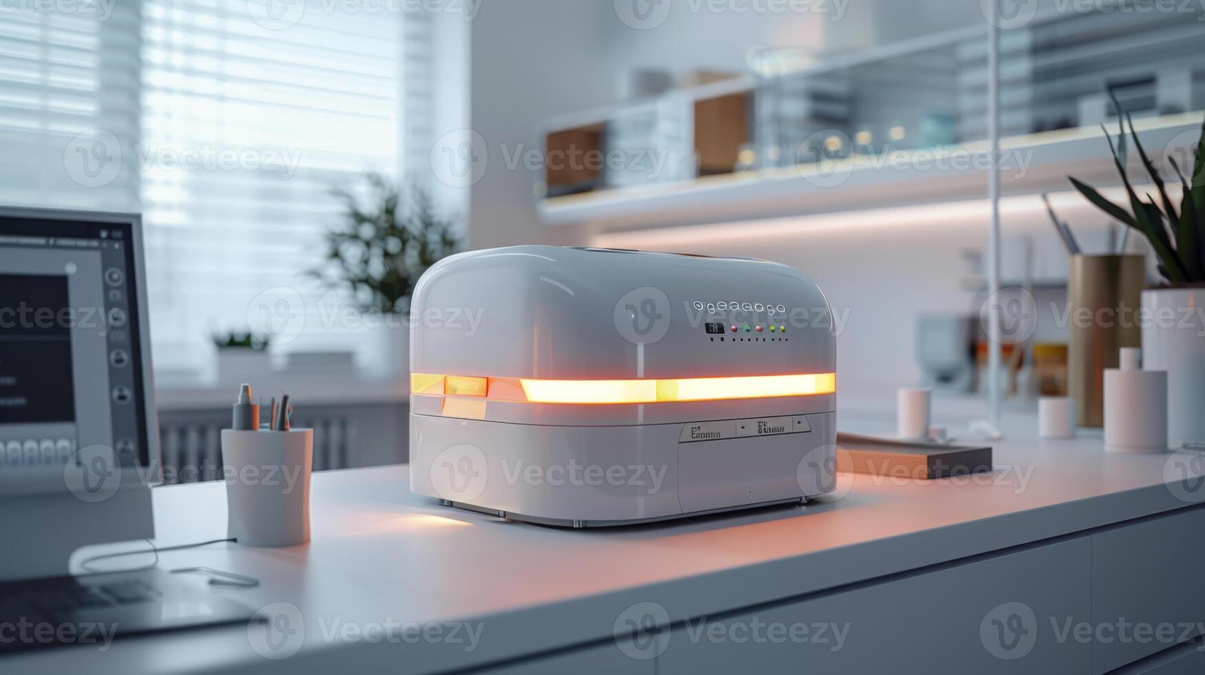 A sleek countertop appliance with a glowing orange light is placed in a clean, modern kitchen. Sunlight filters through the windows, highlighting the contemporary design. photo