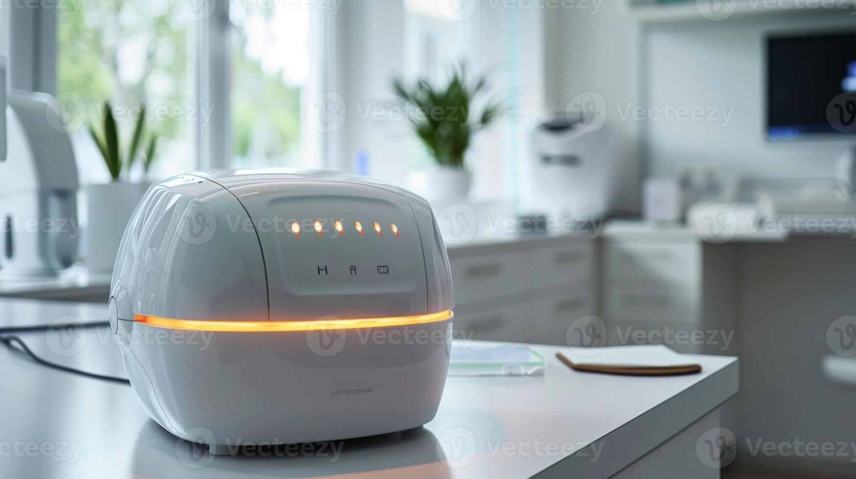 A sleek white kitchen appliance is placed on a countertop, illuminated by soft orange light while sunlight filters in through expansive windows, creating a warm ambiance in the space. photo