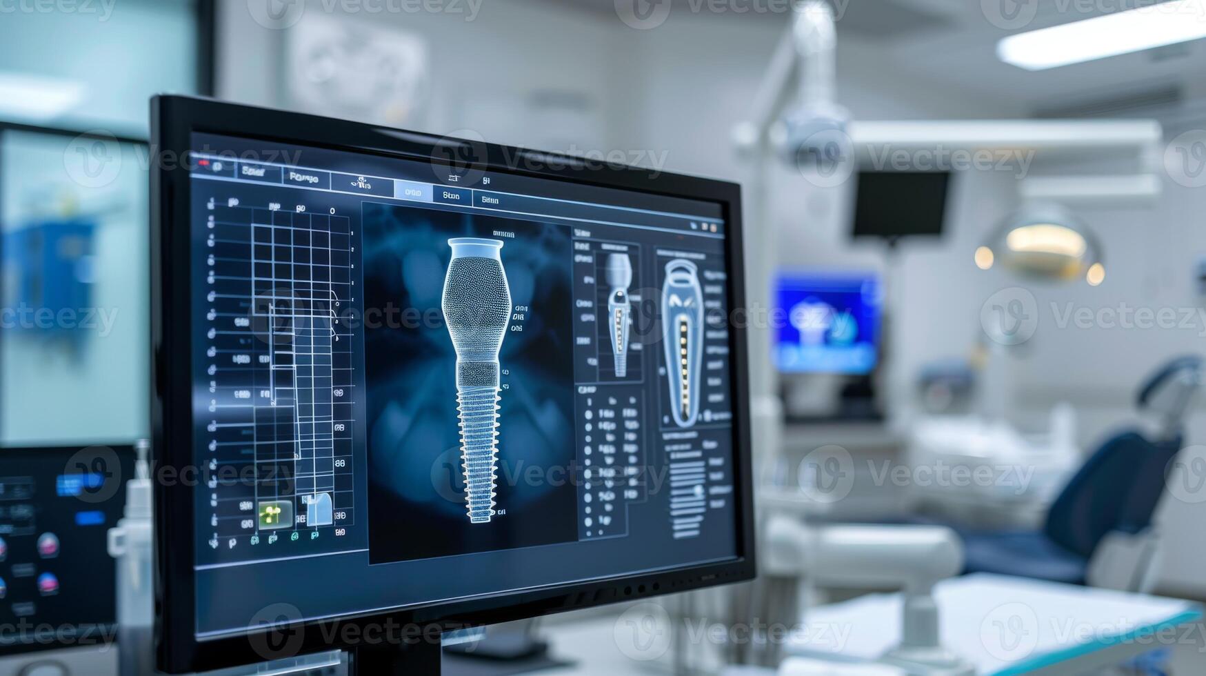 A computer monitor shows detailed designs of dental implants while a dental clinic prepares for patient consultations in a contemporary environment with advanced technology. photo