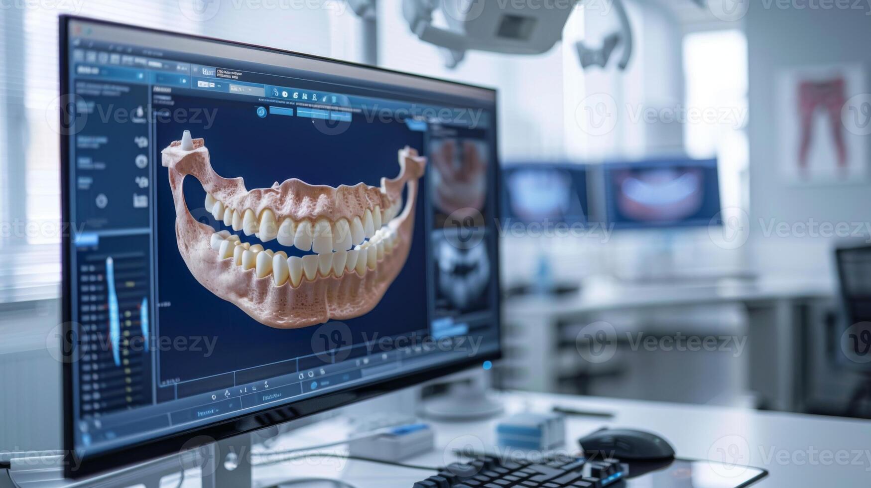 High tech dental imaging software shows a 3D model of teeth on a clinic monitor. The clean and well lit room is designed for patient comfort and precise diagnostics. photo