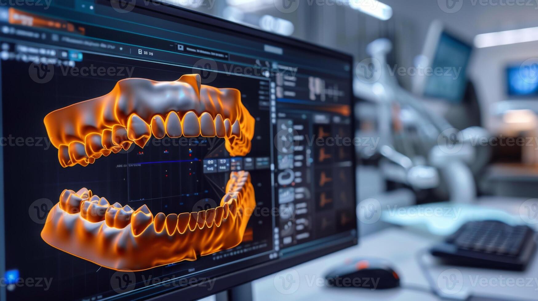 Detailed 3D model of human teeth and jaws displayed on a computer monitor in a contemporary dental clinic. Advanced imaging software showcases oral structures for dental professionals. photo