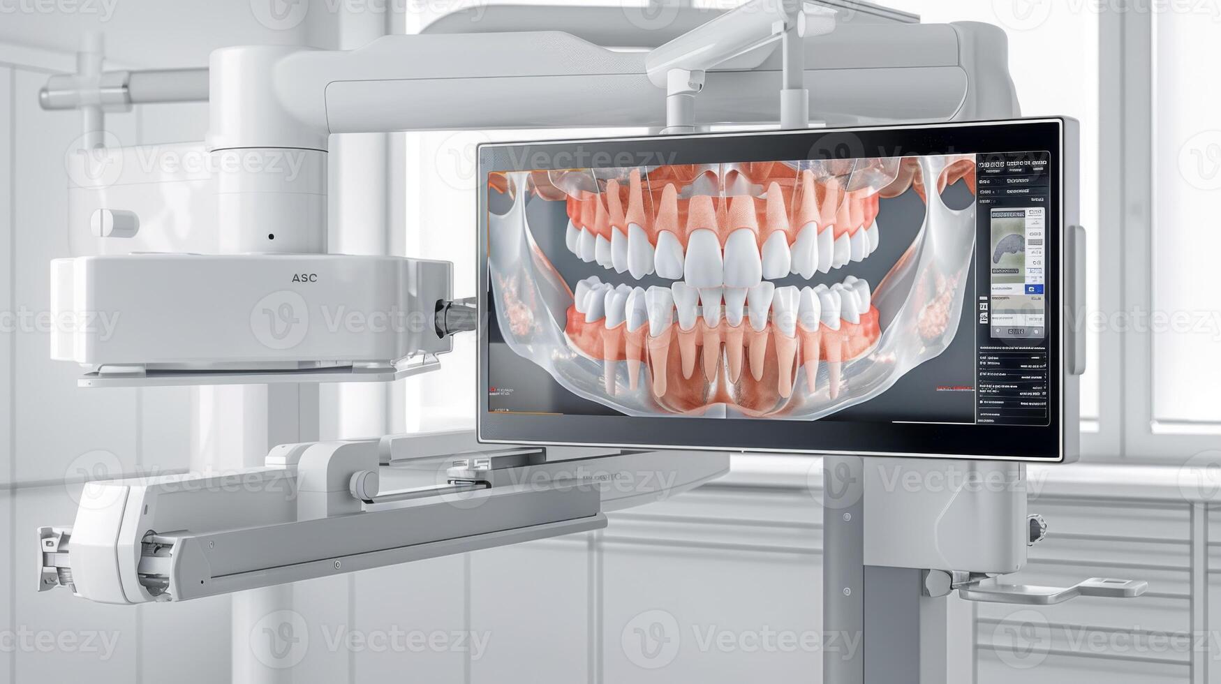 High tech dental imaging equipment is prominently displayed in a bright clinic, with a digital screen showing a detailed view of a patient's teeth in preparation for examination and treatment. photo
