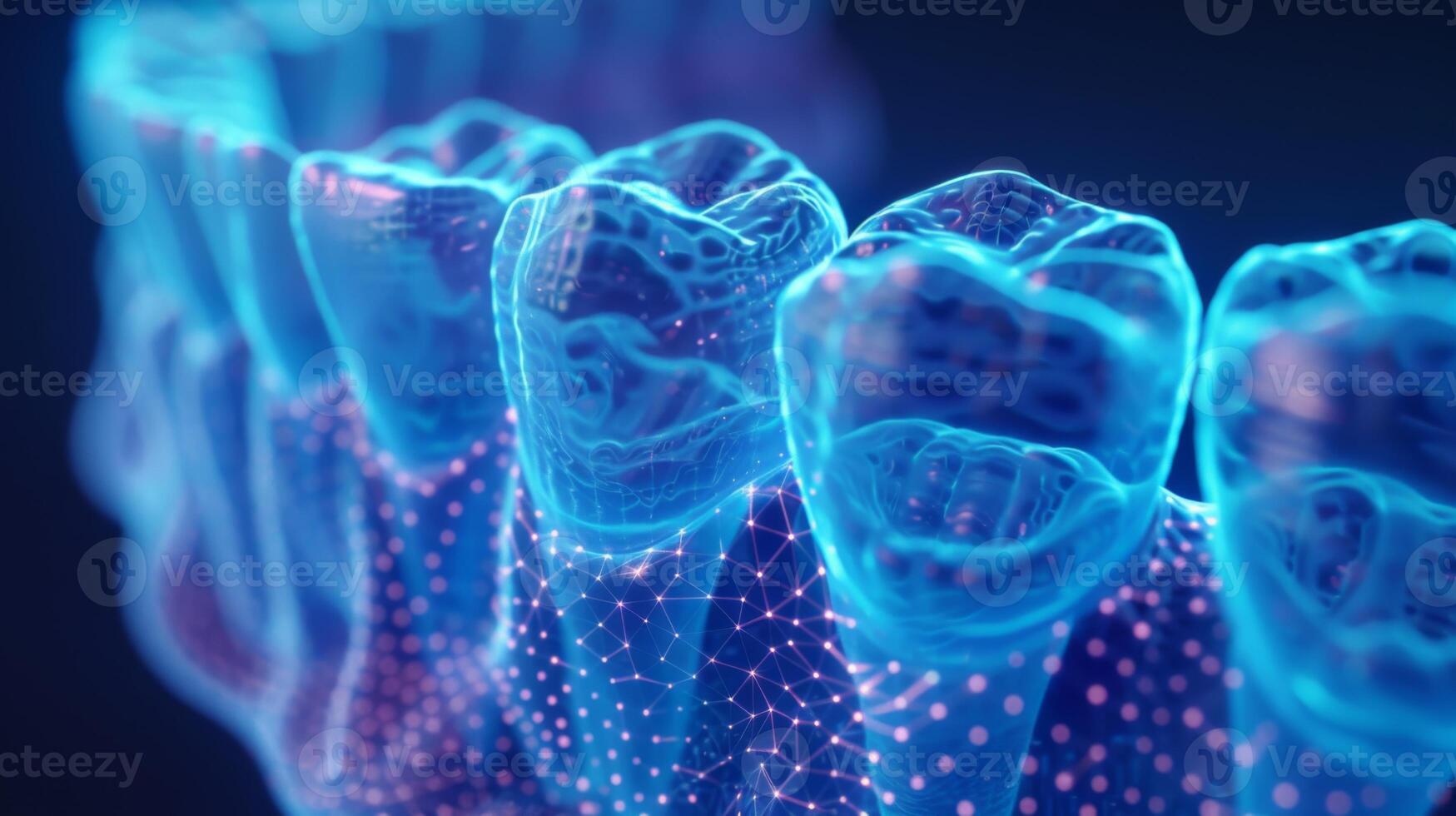 This visual displays a highly detailed digital rendering of human teeth with an emphasis on their structure and glowing effects, highlighting modern dental technology in a futuristic style. photo