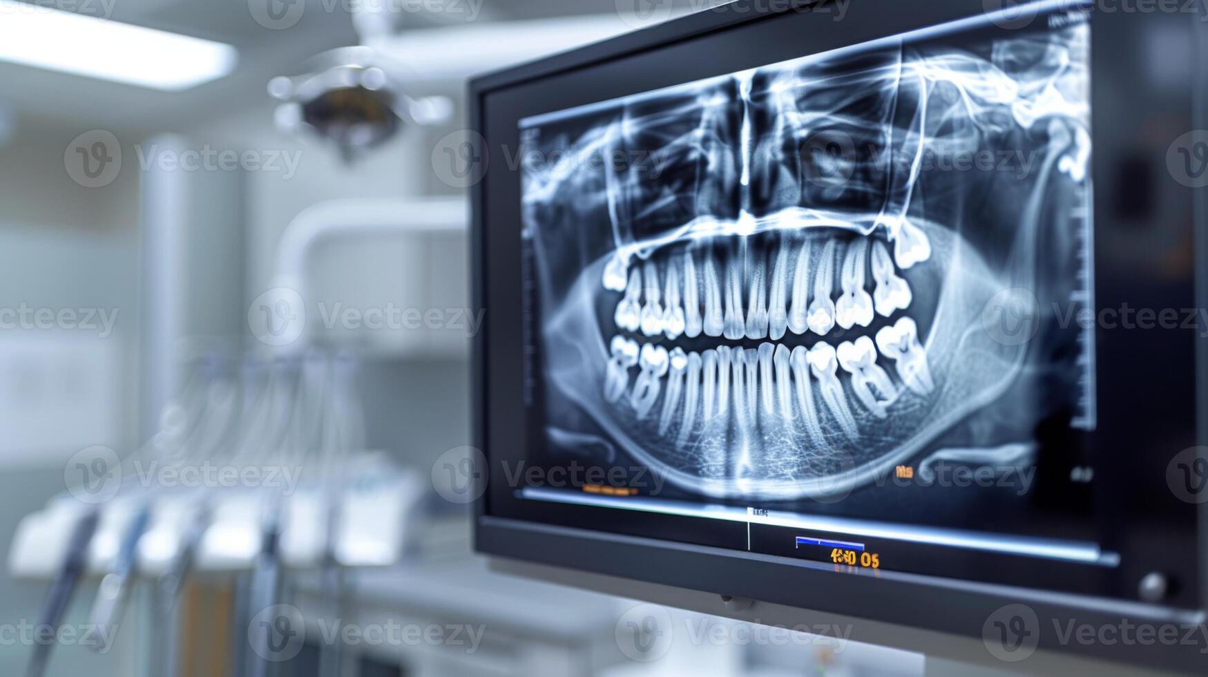 A dental clinic setting features a monitor displaying an X ray of a patient's mouth, highlighting the arrangement of teeth and jaw structure during a dental examination. photo