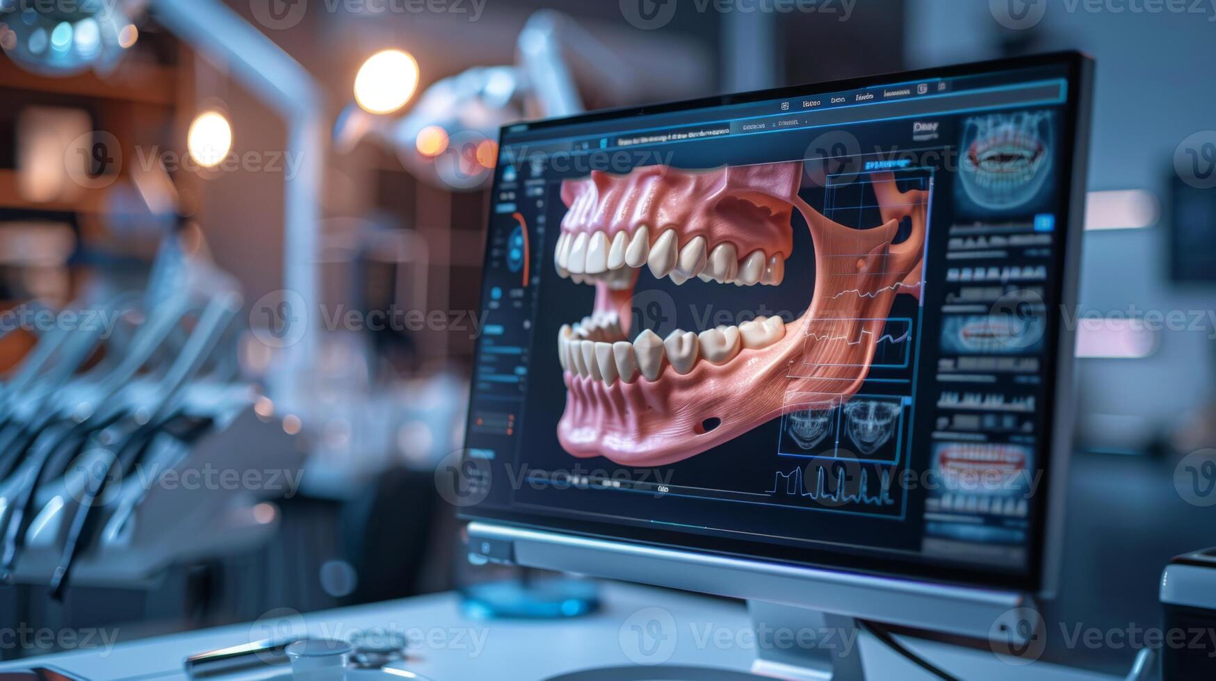 A detailed view of advanced dental imaging, software showcasing a 3D model of a jaw and teeth on a computer screen in an equipped dental office. photo