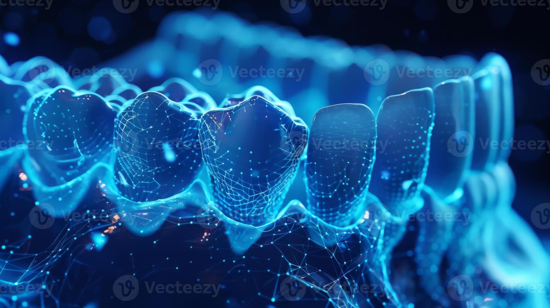 A detailed digital illustration portrays a row of human teeth mapped with glowing blue lines and nodes, emphasizing technological advancements in dental science. photo