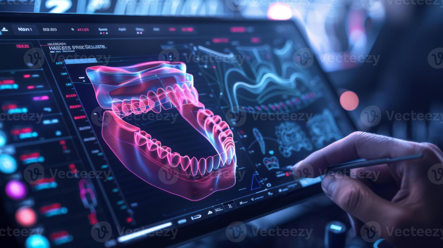 A hand interacts with a touchscreen displaying a detailed 3D model of a human jaw, showcasing advanced digital designs and vibrant colors in a high tech setting. photo