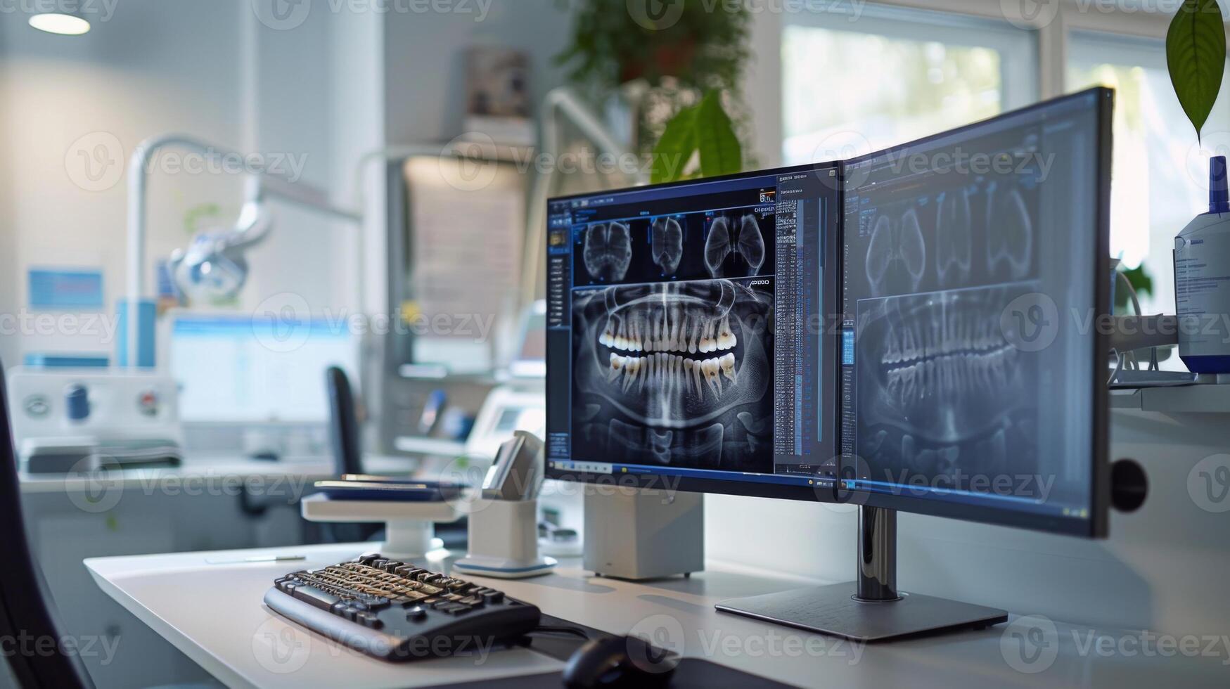 A dental clinic features two monitors displaying detailed dental x rays, showcasing advanced imaging technology. The workspace is bright and well organized, promoting a professional atmosphere. photo