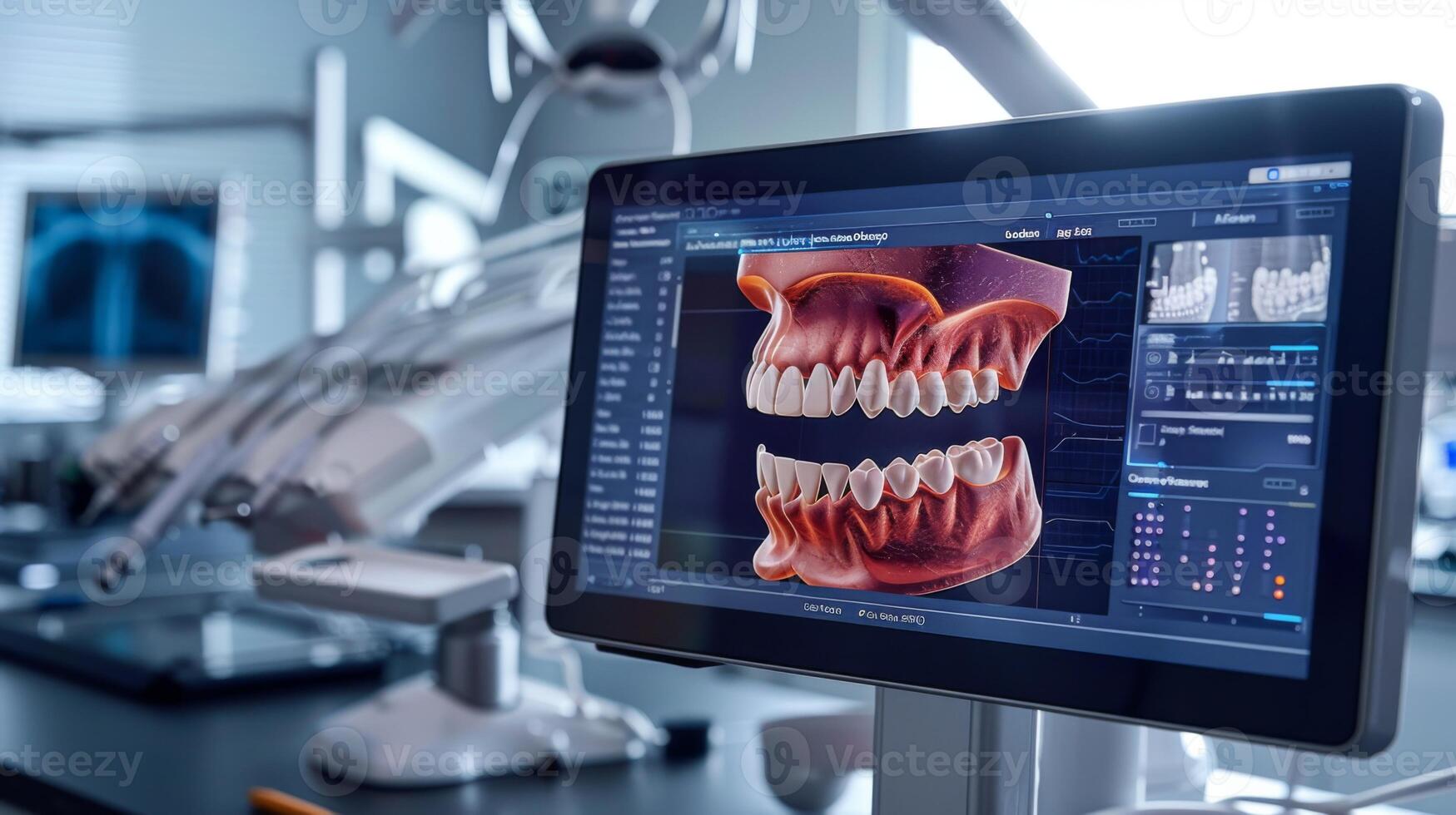 A state of the art display illustrates precise 3D renderings of teeth and jaws, highlighting advanced dental technology in a contemporary clinic full of dental equipment. photo