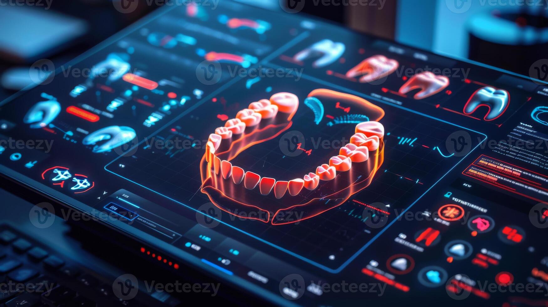 A high tech screen exhibits an intricate 3D model of dental structures, including teeth and gums, in a contemporary dental clinic during a routine examination. photo