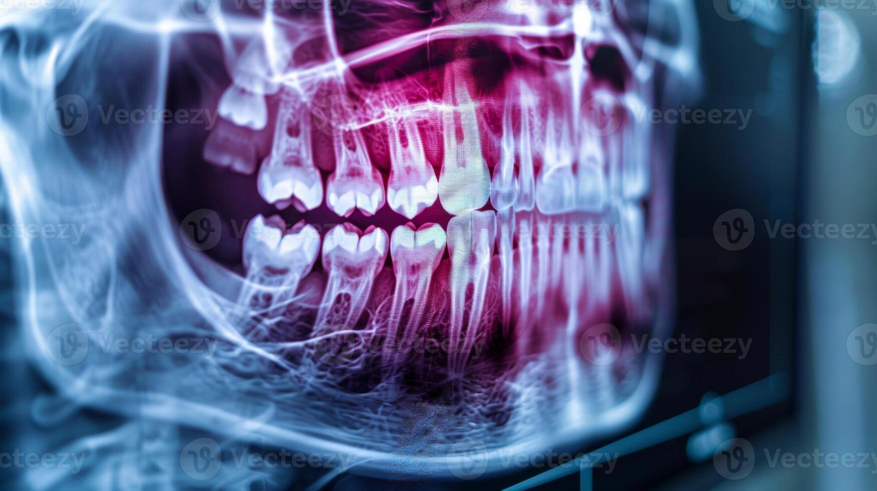 A detailed dental x ray reveals the arrangement of teeth along with any potential dental issues in a clinical environment, showcasing the importance of regular check ups. photo