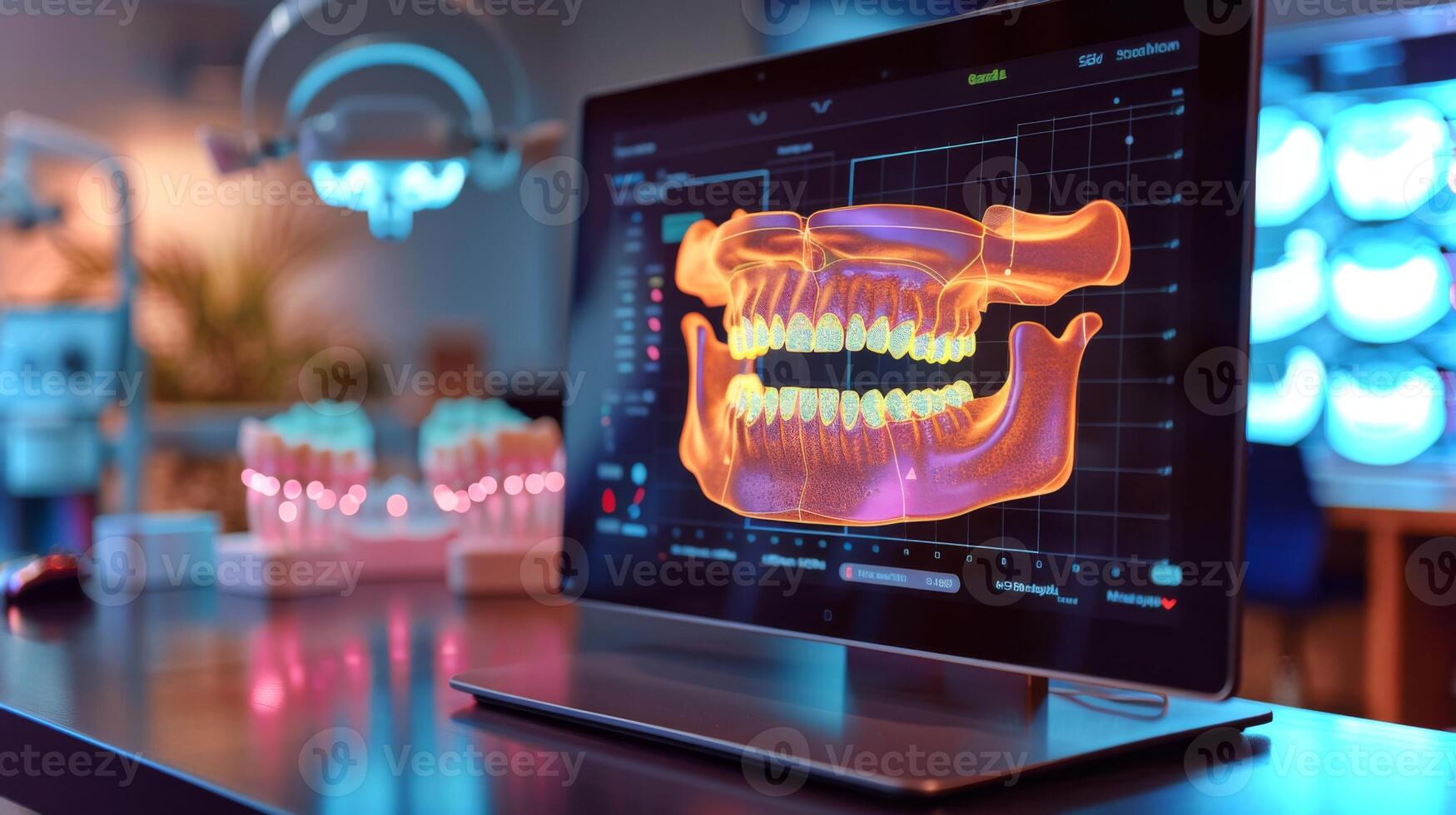 A cutting edge dental technology, setup highlights a vibrant 3D visualization of dental anatomy on a computer screen in a modern clinic environment during daylight hours. photo