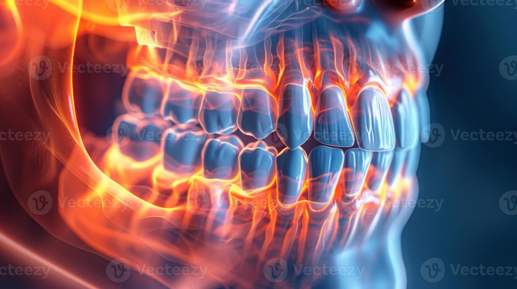 A vibrant illustration depicts a human skull illuminated with bright colors, highlighting the intricate details of the teeth and jaw structure, capturing anatomical beauty in a unique style. photo