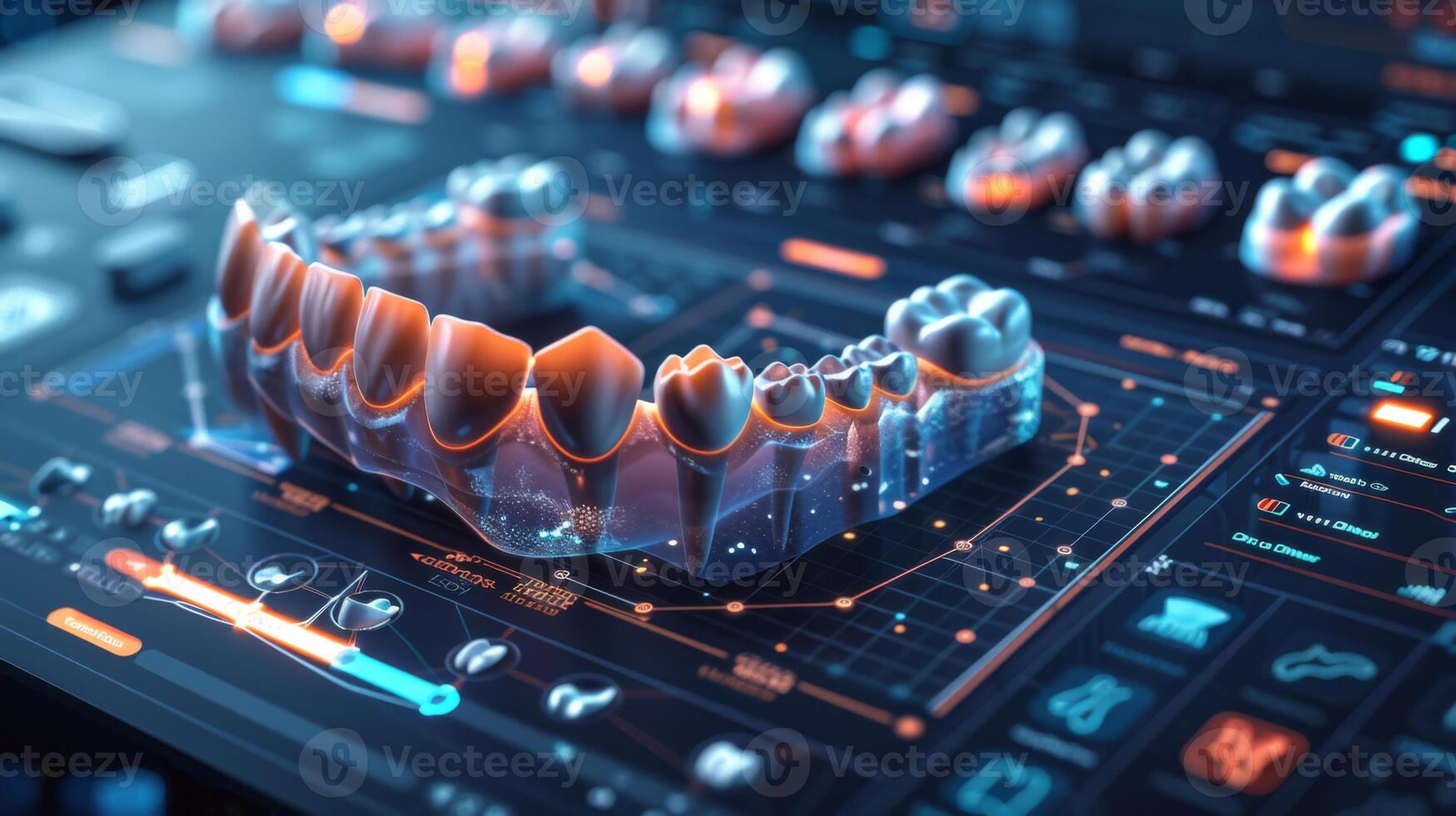 A digital display highlights a realistic 3D model of dental teeth, with various controls and data points visible, emphasizing modern dentistry techniques in a clinical environment. photo