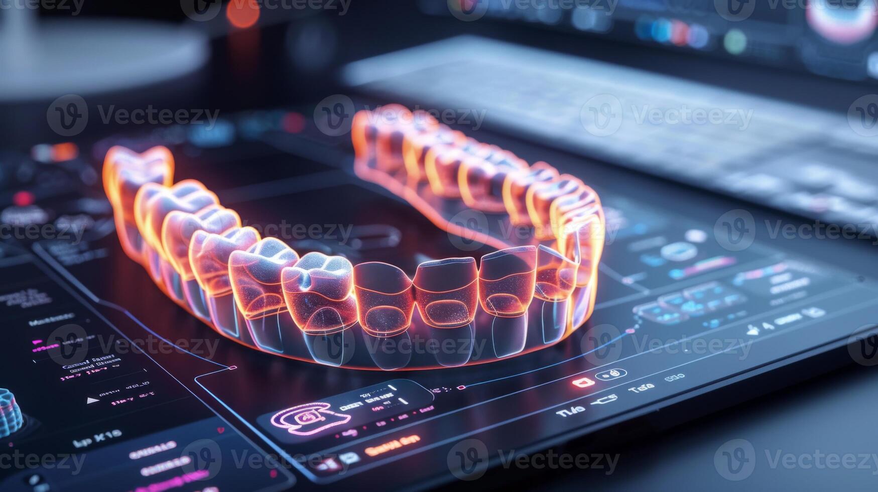 A vibrant 3D dental model appears on a sleek digital interface, showcasing advanced designs and technology for dental professionals in a contemporary clinic environment. photo