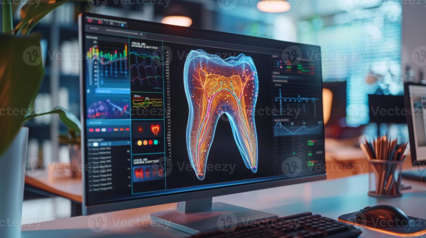 A computer screen displays an intricate visualization of a tooth's anatomy alongside various dental health metrics in a contemporary office setting during daylight. photo