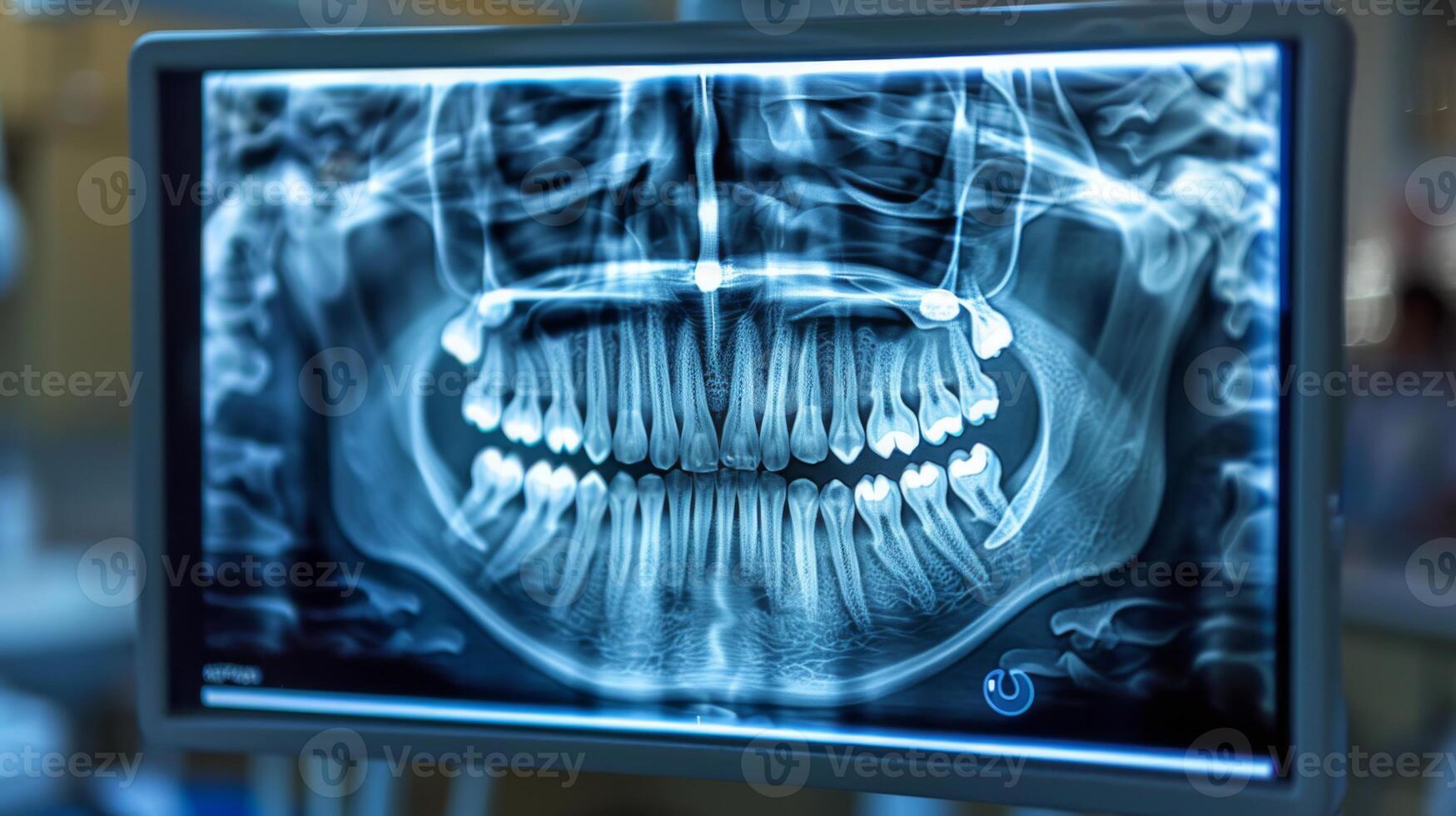 A detailed view of an x ray highlighting the dental structure, teeth alignment, and potential issues. The x ray is displayed on a monitor in a clinical environment. photo