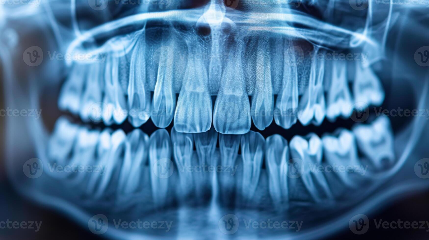 Dental examination highlights the condition of teeth and jaw alignment through an X ray, aiding in diagnosis and treatment planning in a medical environment. photo