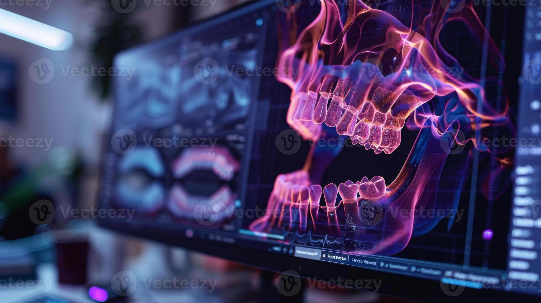 A computer monitor showcases colorful 3D models of teeth and jaw structures, highlighting advanced dental imaging techniques used in modern dental practices. photo