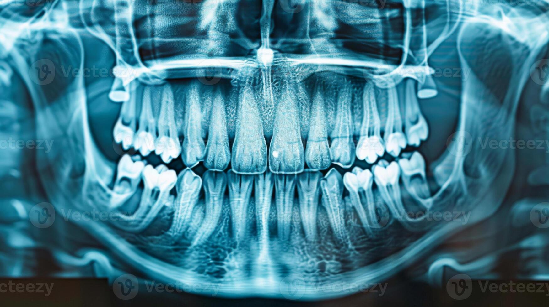 A dental x ray reveals the arrangement and health of teeth in both jaws, highlighting potential issues and overall dental health in a clinical environment. photo