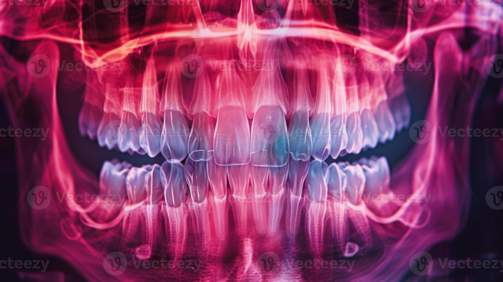 This visual showcases a vivid digital rendering of a human skull, focusing on teeth and jaw alignment with bright colors and sharp contrasts, revealing intricate anatomical features. photo
