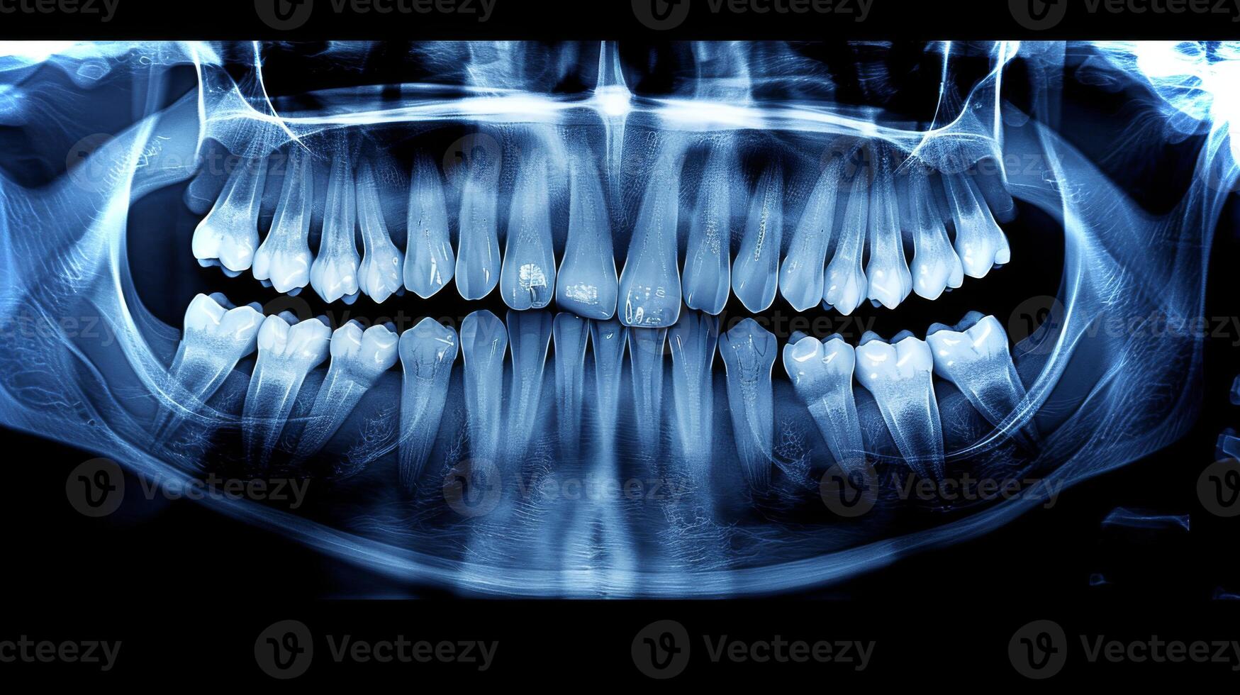 Detailed dental radiograph reveals the arrangement of teeth and jaw structure, highlighting dental health during an oral examination at a healthcare facility. photo
