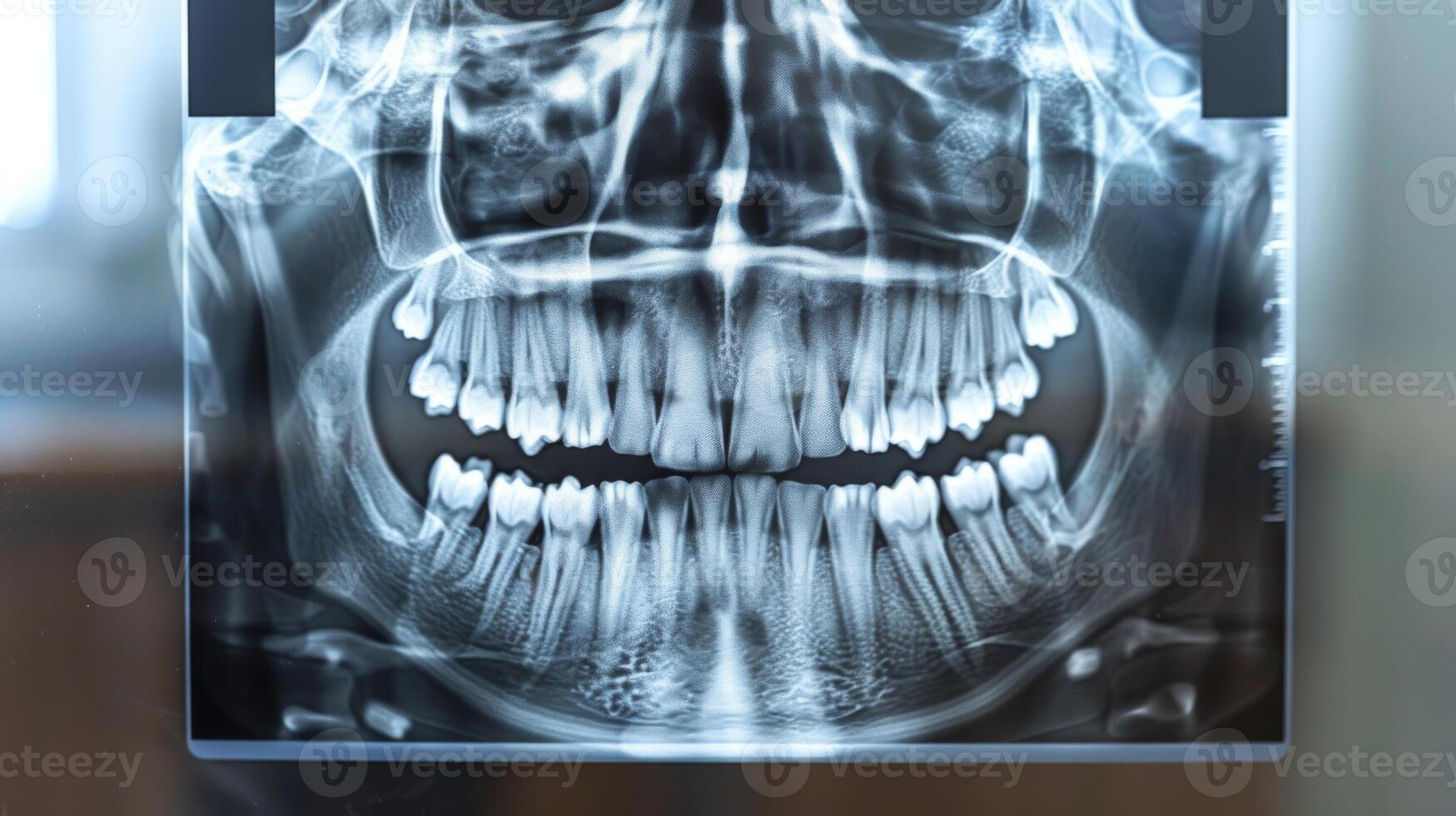 A dental X ray displays a comprehensive view of the entire set of teeth, highlighting the alignment and condition of molars, incisors, and gum health. photo