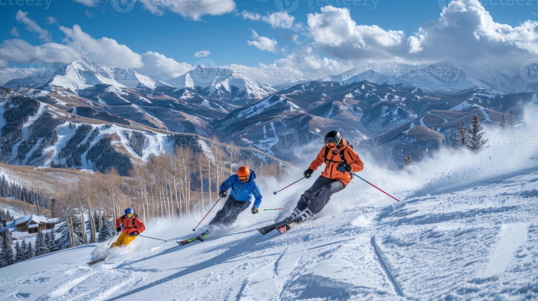 Three skiers glide down a snow covered slope in Colorado, surrounded by stunning mountain scenery and fluffy clouds under a vibrant blue sky during winter. photo